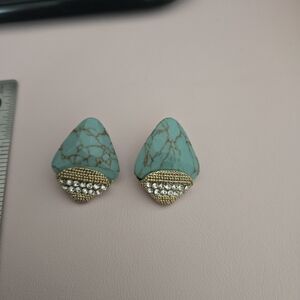 Turquoise Stone and Gold Crystal Accent Stud Earrings - Women Jewelry